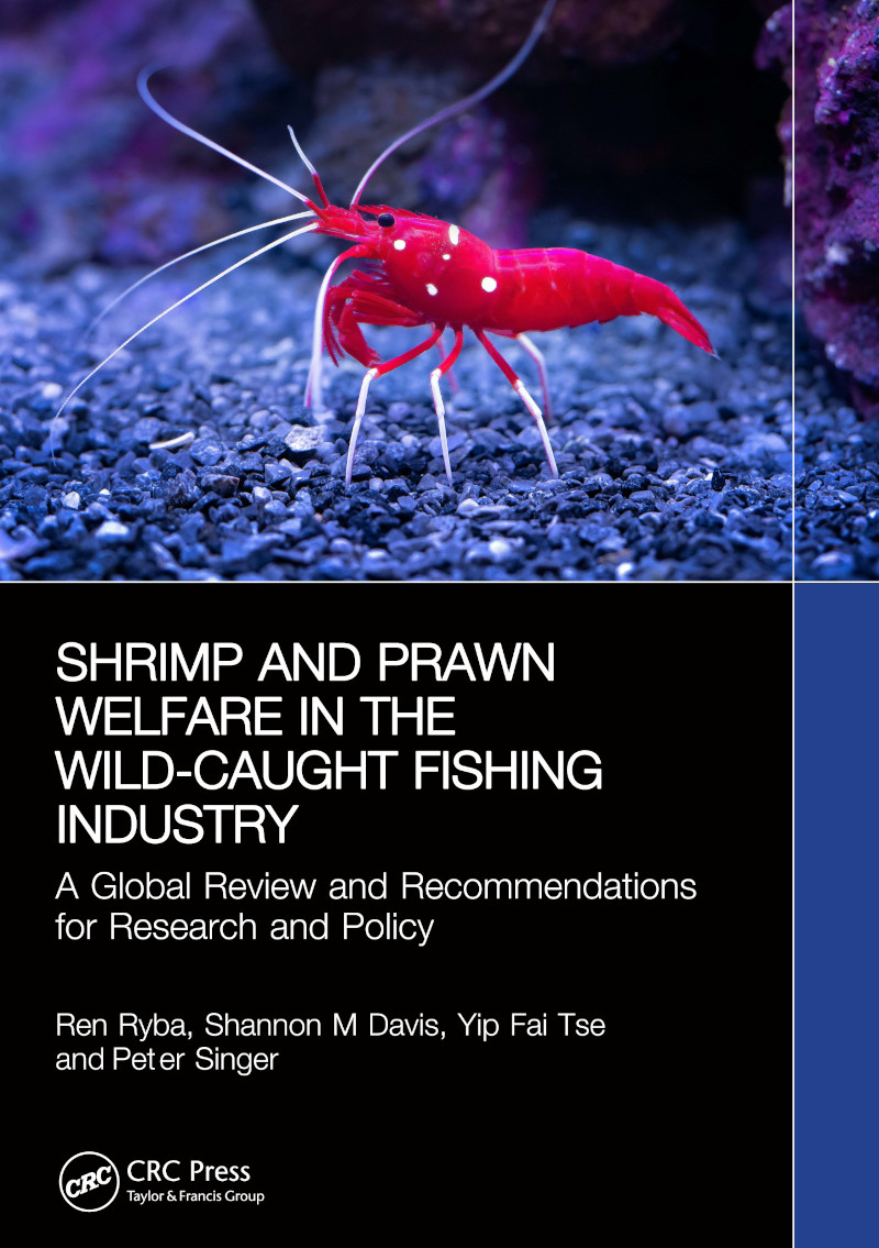 Book cover for Shrimp and Prawn Welfare in the Wild-Caught Fishing Industry, showing an underwater close-up photograph of a red shrimp with white spots standing against grey-blue rocks